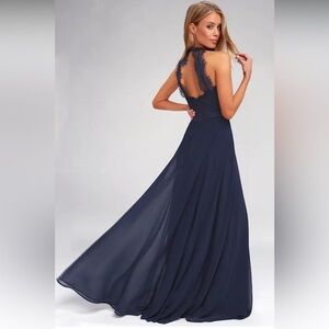 Lulu’s Dress Dance All Evening Navy Blue Lace XS Elegant Semi Formal Maxi Dress